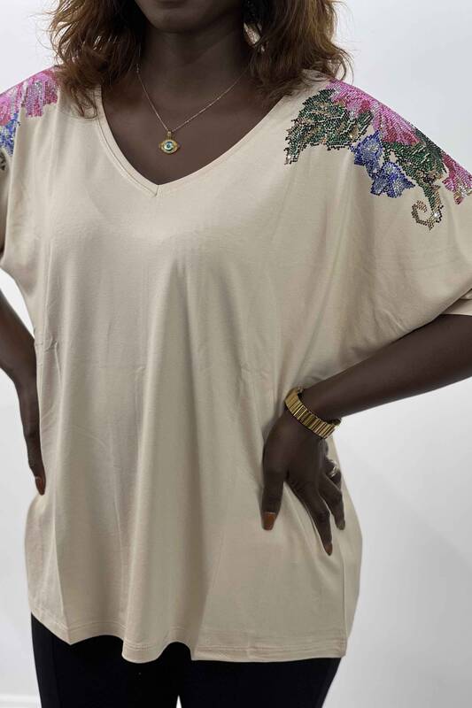 Wholesale Women's Blouse V Neck Sleeves Floral Pattern - 77437 | KAZEE