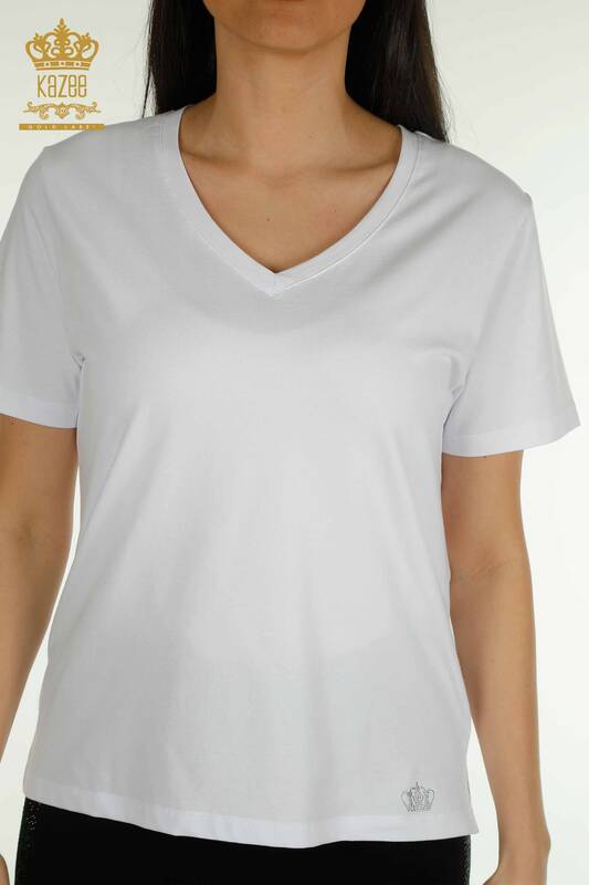 Wholesale Women's Blouse V Neck White - 79564 | KAZEE