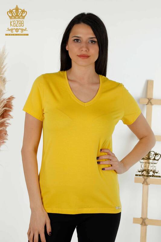 Wholesale Women's Blouse - V Neck - Yellow - 79179 | KAZEE