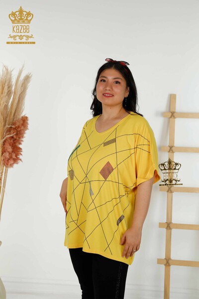 Wholesale Women's Blouse - V Neck - Yellow - 79320 | KAZEE - Thumbnail