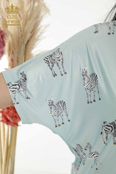 Wholesale Women's Blouse - Zebra Patterned - Light Blue - 77690 | KAZEE - 5