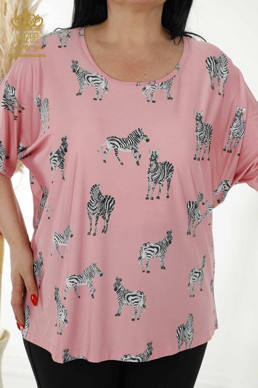 Wholesale Women's Blouse - Zebra Patterned - Pink - 77690 | KAZEE