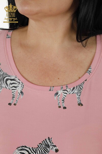Wholesale Women's Blouse - Zebra Patterned - Pink - 77690 | KAZEE - Thumbnail