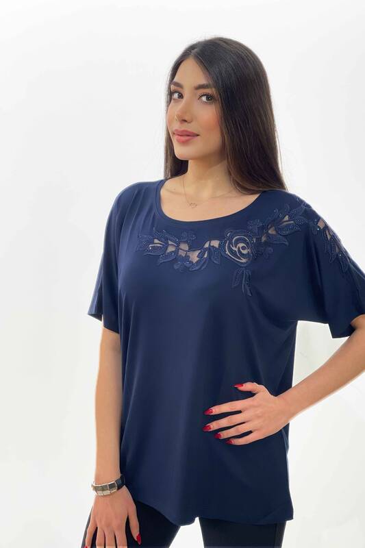 Wholesale Women's Blouse With Guipure Stone Detailed Pattern - 76803 | KAZEE