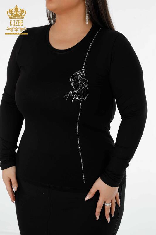 Wholesale Women's Blouse Stone Embroidered Crew Neck Black - 79000 | KAZEE