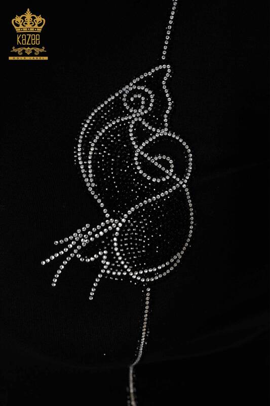 Wholesale Women's Blouse Stone Embroidered Crew Neck Black - 79000 | KAZEE