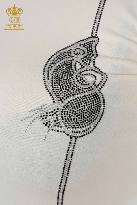 Wholesale Women's Blouse Stone Embroidered Crew Neck EKRU - 79000 | KAZEE