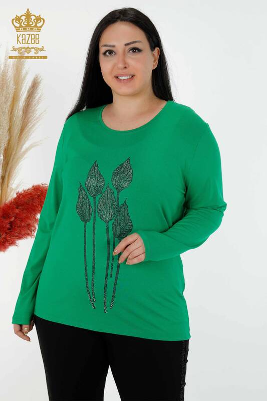 Wholesale Women's Blouse Stone Embroidered Green - 79041 | KAZEE