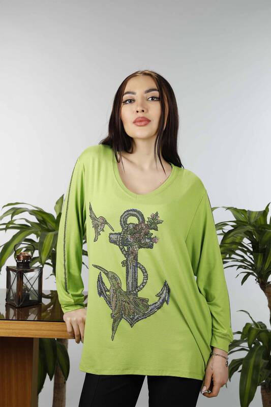 Wholesale Women's Blouse Stone Embroidered Patterned Crew Neck - 77929 | KAZEE