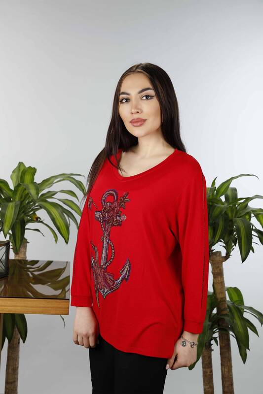 Wholesale Women's Blouse Stone Embroidered Patterned Crew Neck - 77929 | KAZEE