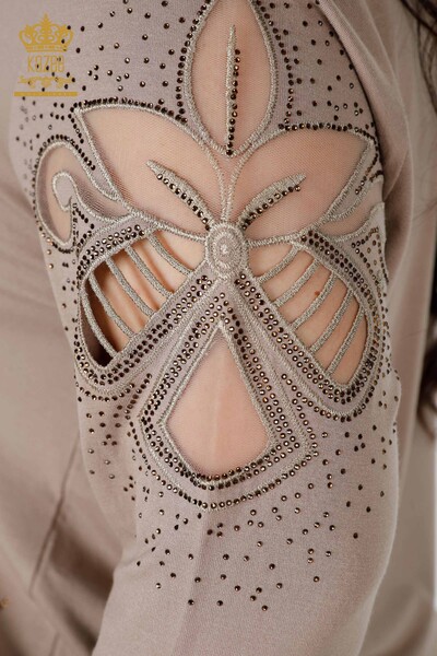 Wholesale Women's Blouse Stone Embroidered Tulle Detailed V Neck Beige - 77927 | KAZEE - 6