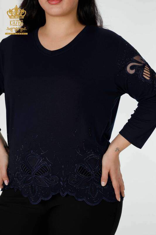 Wholesale Women's Blouse Stone Embroidered Tulle Detailed V Neck Black - 77927 | KAZEE