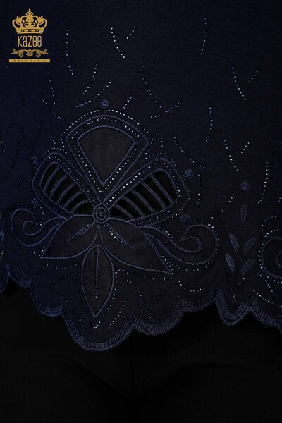 Wholesale Women's Blouse Stone Embroidered Tulle Detailed V Neck Black - 77927 | KAZEE - Thumbnail