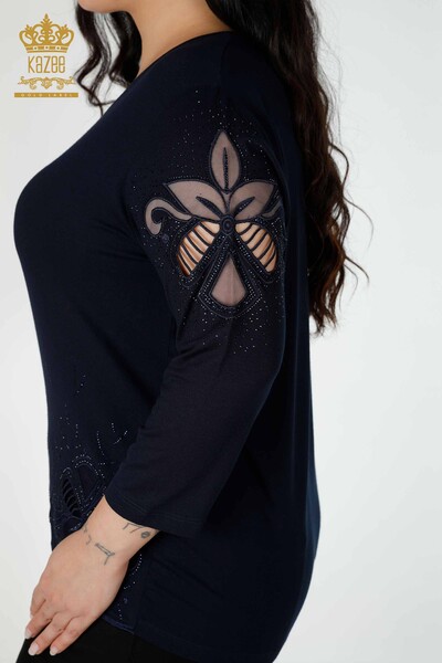 Wholesale Women's Blouse Stone Embroidered Tulle Detailed V Neck Black - 77927 | KAZEE - 5