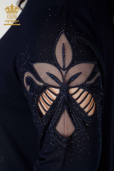 Wholesale Women's Blouse Stone Embroidered Tulle Detailed V Neck Black - 77927 | KAZEE - 6