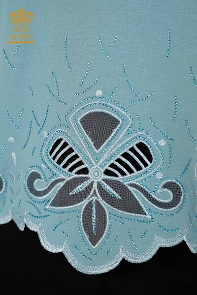Wholesale Women's Blouse Stone Embroidered Tulle Detailed V Neck Blue - 77927 | KAZEE - Thumbnail