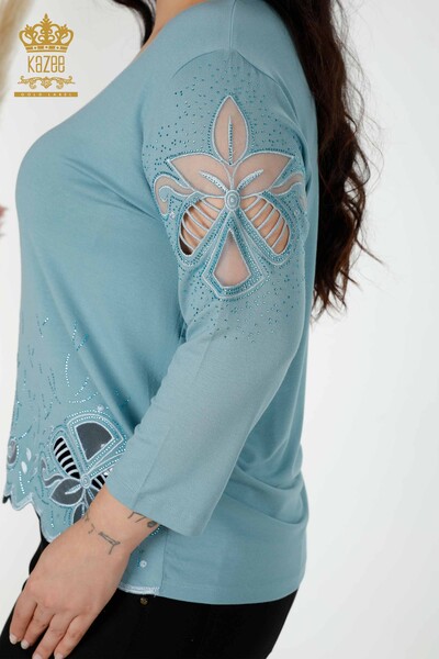 Wholesale Women's Blouse Stone Embroidered Tulle Detailed V Neck Blue - 77927 | KAZEE - Thumbnail