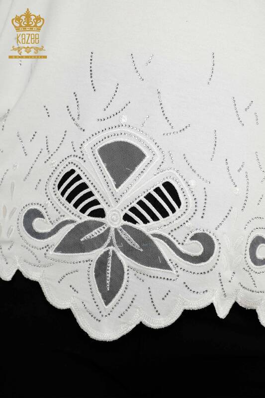 Wholesale Women's Blouse Stone Embroidered Tulle Detailed V Neck Ecru - 77927 | KAZEE