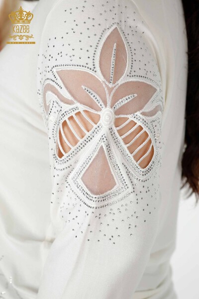 Wholesale Women's Blouse Stone Embroidered Tulle Detailed V Neck Ecru - 77927 | KAZEE - 6