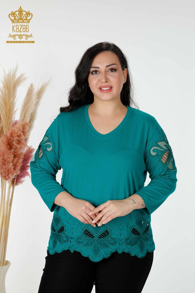 Wholesale Women's Blouse Stone Embroidered Tulle Detailed V Neck Green - 77927 | KAZEE - 1