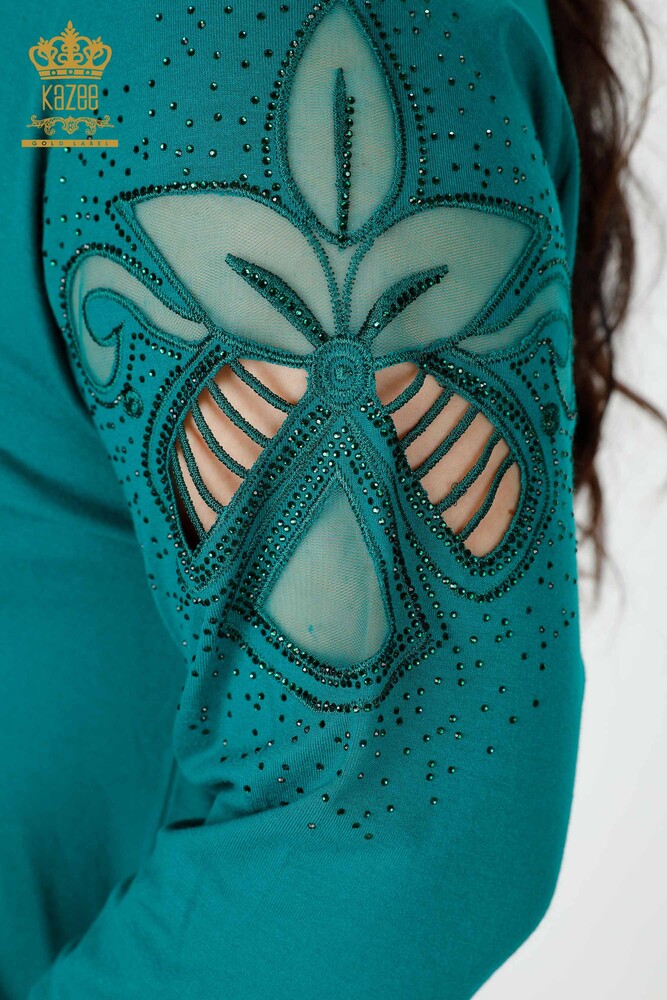 Wholesale Women's Blouse Stone Embroidered Tulle Detailed V Neck Green - 77927 | KAZEE - 3