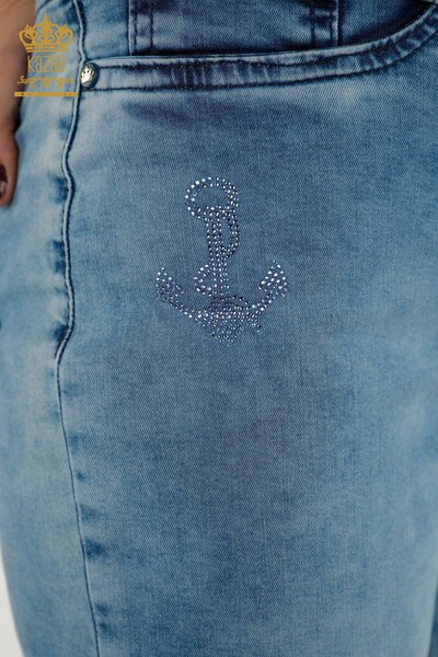 Wholesale Women's Capri - Stone Embroidered - Belt - Blue - 3504 | KAZEE - Thumbnail (2)