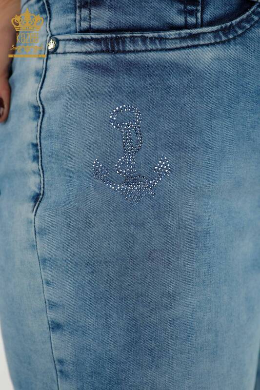 Wholesale Women's Capri - Stone Embroidered - Belt - Blue - 3504 | KAZEE