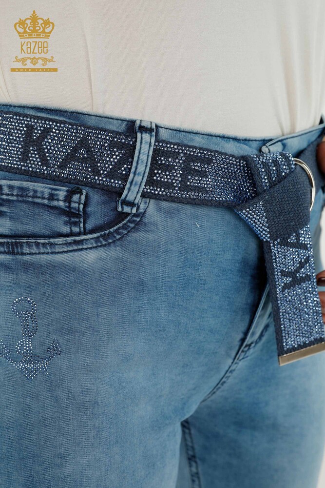 Wholesale Women's Capri - Stone Embroidered - Belt - Blue - 3504 | KAZEE - 4