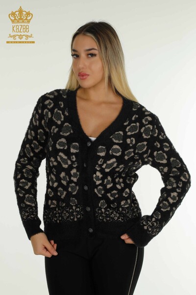 Wholesale Women's Cardigan Angora Leopard Patterned Black - 30666 | KAZEE - Thumbnail