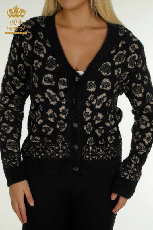 Wholesale Women's Cardigan Angora Leopard Patterned Black - 30666 | KAZEE