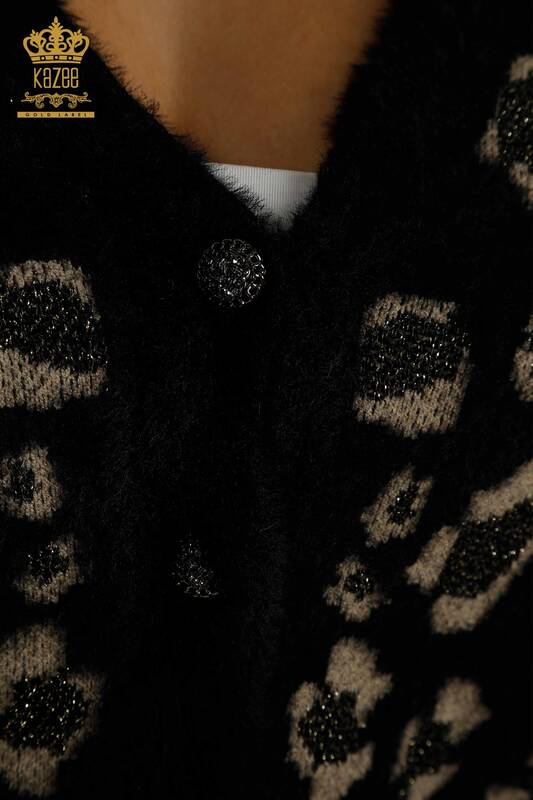 Wholesale Women's Cardigan Angora Leopard Patterned Black - 30666 | KAZEE