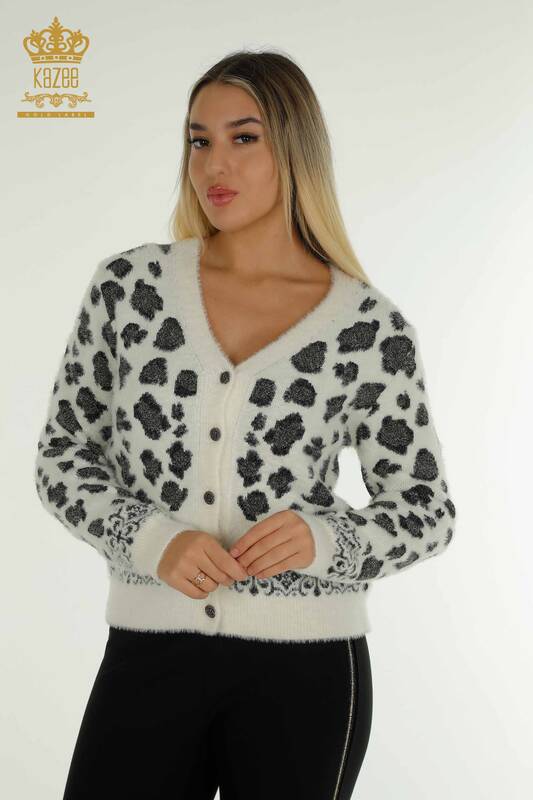 Wholesale Women's Cardigan Angora Leopard Patterned Ecru - 30666 | KAZEE