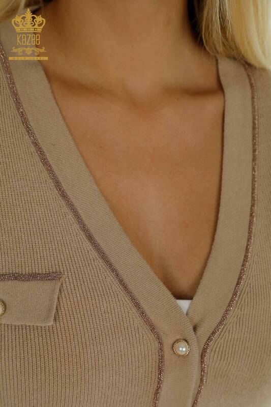 Wholesale Women's Cardigan with Button Detail Beige - 30366 | KAZEE