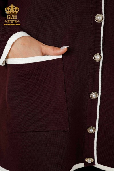 Wholesale Women's Cardigan Buttoned Plum with Pocket - 30148 | KAZEE - Thumbnail
