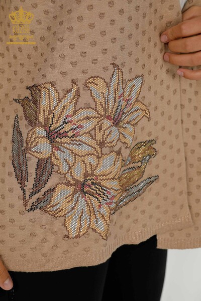 Wholesale Women's Cardigan Flower Stone Embroidered Beige - 30061 | KAZEE - Thumbnail