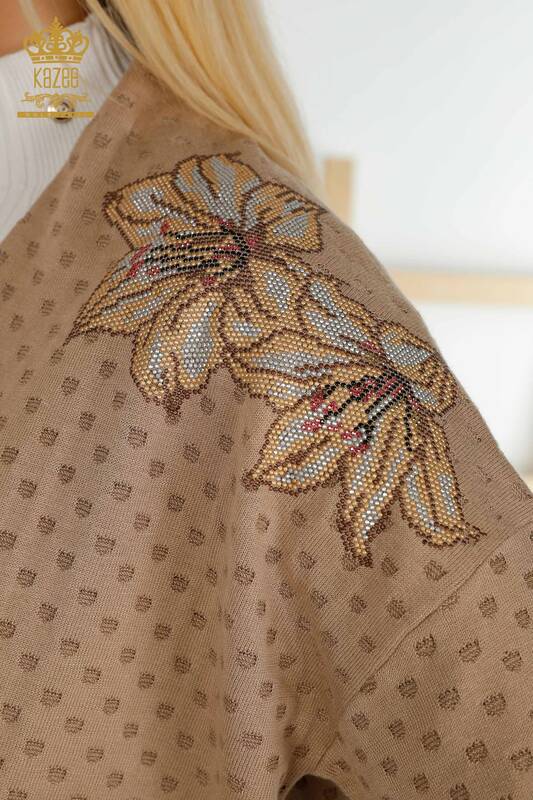 Wholesale Women's Cardigan Flower Stone Embroidered Beige - 30061 | KAZEE
