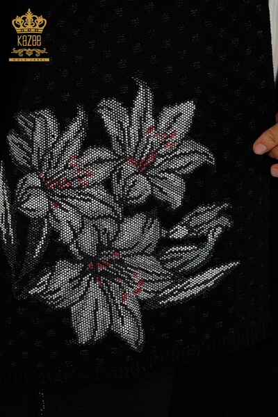 Wholesale Women's Cardigan Flower Stone Embroidered Black - 30061 | KAZEE - Thumbnail