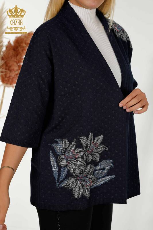 Wholesale Women's Cardigan Flower Stone Embroidered Navy Blue- 30061 | KAZEE
