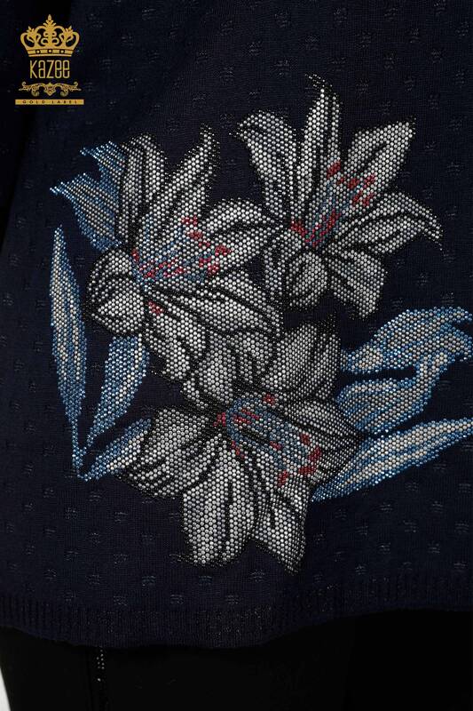 Wholesale Women's Cardigan Flower Stone Embroidered Navy Blue- 30061 | KAZEE