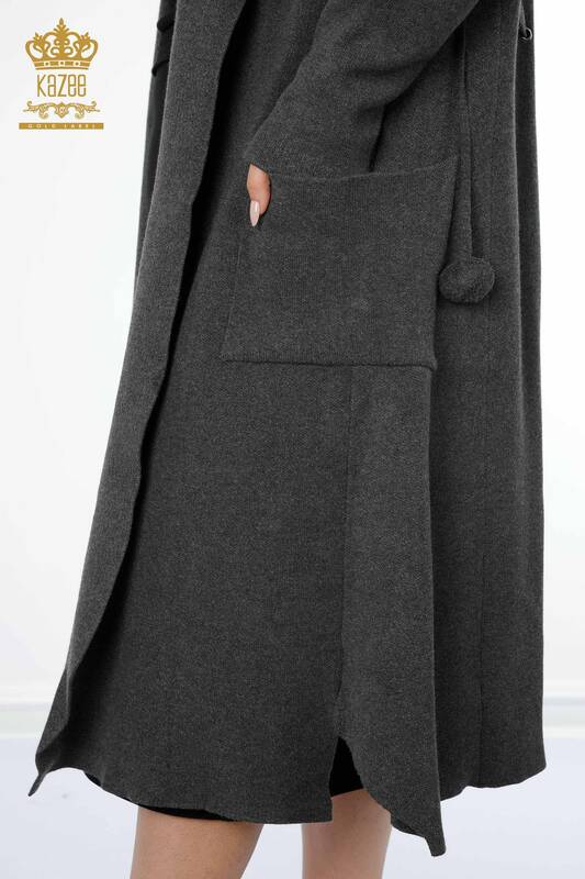 Wholesale Women's Cardigan Hooded Long Anthracite - 19075 | KAZEE
