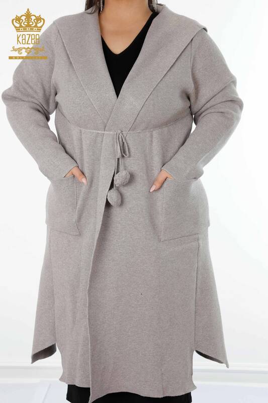 Wholesale Women's Cardigan Hooded Long Beige - 19075 | KAZEE