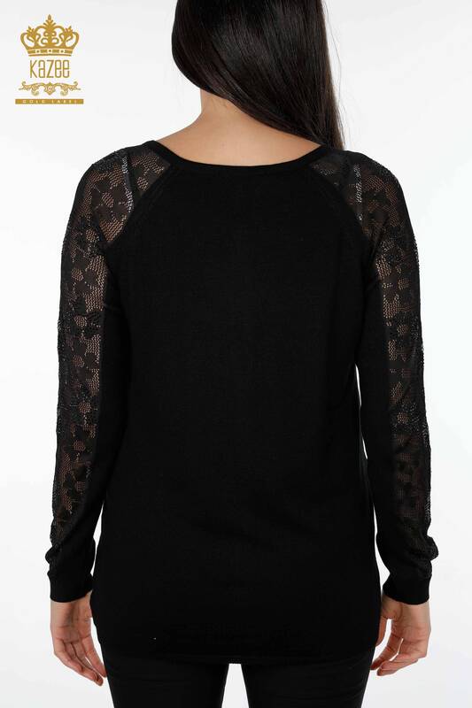 Wholesale Women's Cardigan Sleeve Flower Detailed Black - 12758 | KAZEE