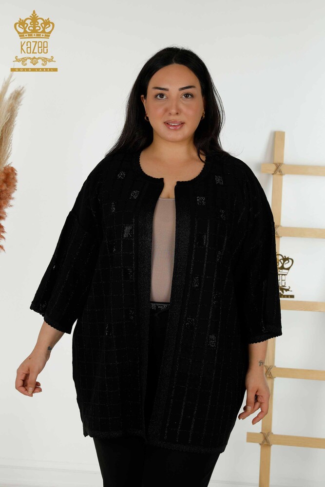 Wholesale Women's Cardigan Stone Embroidered Black - 30057 | KAZEE - 1