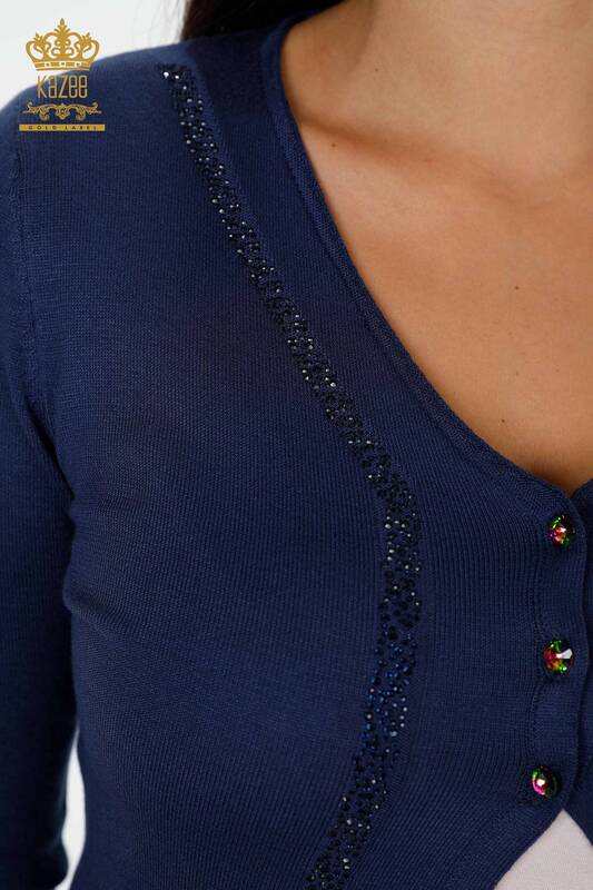 Wholesale Women's Cardigan Stone Embroidered Navy Blue - 15169 | KAZEE
