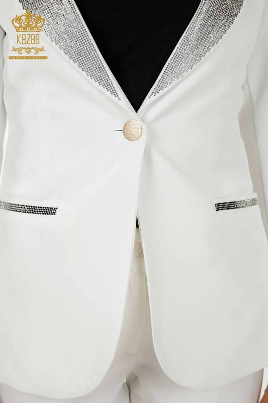 Wholesale Women's Classic Suit Stone Embroidered - Ecru - 30003 | KAZEE