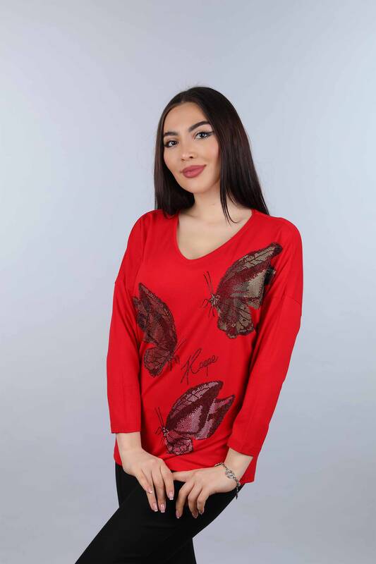 Wholesale Women's Combed Cotton Butterfly Patterned Stone Embroidered - 77939 | KAZEE