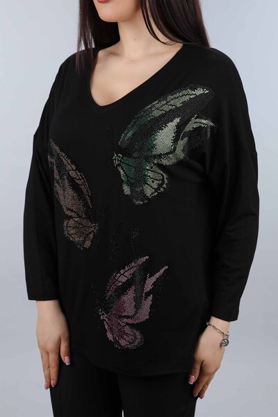 Wholesale Women's Combed Cotton Butterfly Patterned Stone Embroidered - 77939 | KAZEE - Thumbnail