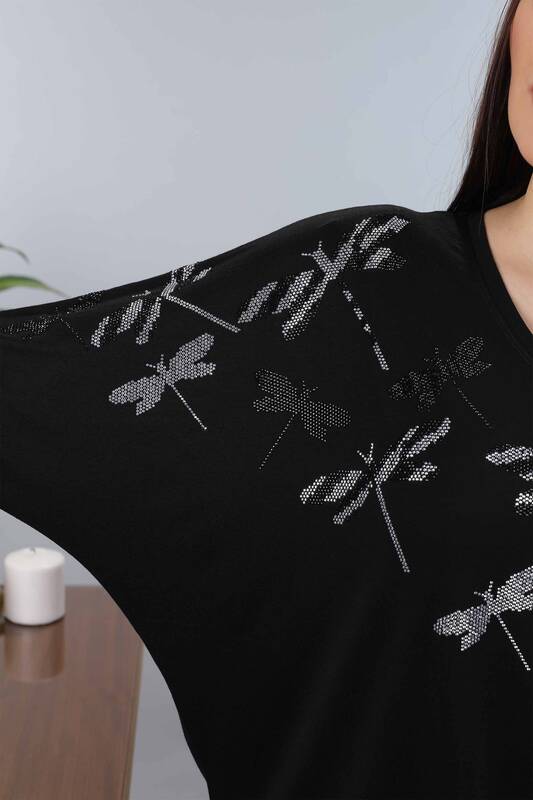 Wholesale Women's Combed Cotton Stone Embroidered Dragonfly Model - 77877 | KAZEE