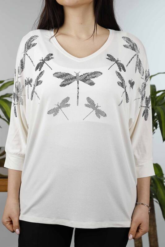 Wholesale Women's Combed Cotton Stone Embroidered Dragonfly Model - 77877 | KAZEE