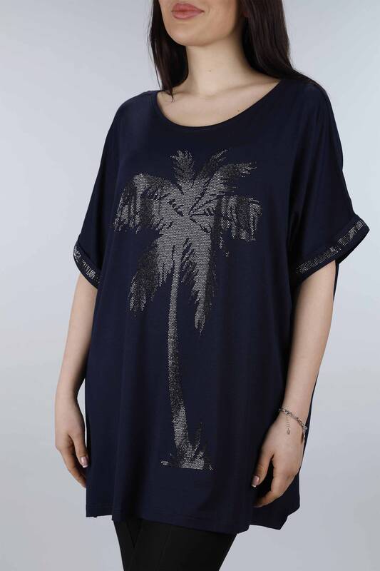 Wholesale Women's Combed Cotton Palm Patterned Double Sleeve - 77299 | KAZEE